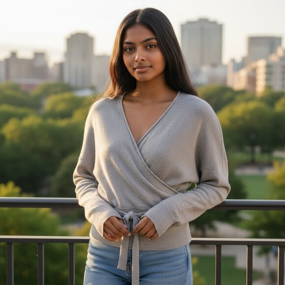 J.Crew Linen-Blend Wrapped Cardigan Sweater w Tie in Light Gray Long Sleeves SM - Picture 1 of 9